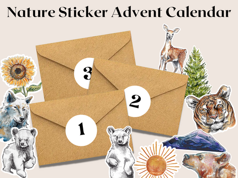 Unique Christmas Gift for the person who loves to be outdoors!  Advent Calendar Sticker Set - 12 Days of mystery stickers!   Each day, open an envelope and get a different nature sticker!  Stickers can be placed anywhere, including on their water bottle, laptop, car sticker, journal, window, or other smooth surface.