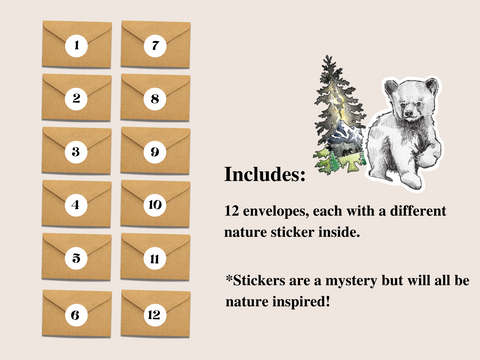 Unique Christmas Gift for the person who loves to be outdoors!  Advent Calendar Sticker Set - 12 Days of mystery stickers!   Each day, open an envelope and get a different nature sticker!  Stickers can be placed anywhere, including on their water bottle, laptop, car sticker, journal, window, or other smooth surface.