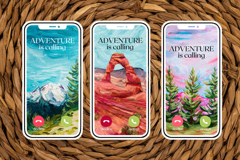 "Adventure is Calling" nature vinyl sticker pack for your water bottle, laptop, car sticker, journal, window, or other smooth surface.  Perfect for personalizing your belongings or as a gift for someone who loves traveling, camping, or hiking!