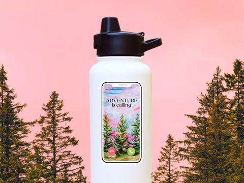 "Adventure is Calling" nature forest vinyl sticker for your water bottle, laptop, car sticker, journal, window, or other smooth surface.  Perfect for personalizing your belongings or as a gift for someone who loves traveling, camping, or hiking in the forest.