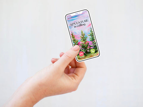 "Adventure is Calling" nature forest vinyl sticker for your water bottle, laptop, car sticker, journal, window, or other smooth surface.  Perfect for personalizing your belongings or as a gift for someone who loves traveling, camping, or hiking in the forest.