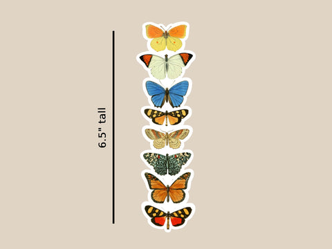 Image shows an Extra Tall (6.5 inches) Sticker of 8 lllustrated Butterflies in different colors.
