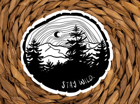 Stay Wild Forest Scene Tree Ring Sticker - Mountain Wood Grain Vinyl Sticker for Car, Phone, Water Bottle, Hiking Gear, Camping, Nature Gift
