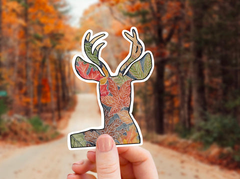 Autumn Leaves Deer silhouette sticker for your water bottle, coffee mug, tumbler, laptop, journal, window, or any other smooth surface.  Perfect for personalizing your belongings or as fall party favors! Gift for Hunters - Deer Antlers Silhouette, Forest Animal, Autumn Decal for Coffee Mug, Water Bottle, Tumbler