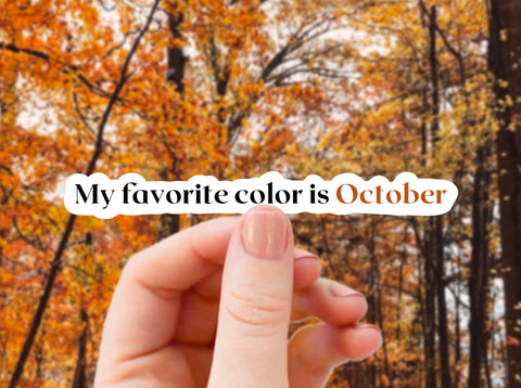 "My favorite color is October" vinyl sticker for your coffee mug, tumbler, water bottle, laptop, journal, or other smooth surface.  The perfect minimalist sticker for the girl we all know is spooky season + autumn-obsessed. Is it you?!
