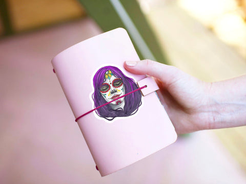 Beautiful Dia De Los Muertos Vinyl Sticker for your water bottle, coffee mug, phone, laptop, scrapbook, journal, or other smooth surface. Perfect for personalizing your belongings or give as party favors! Dia De Los Muertos Sticker - Day of the Dead Vinyl Decal, Sugar Skull Calavera, Mexico Sticker for Phone Case, Journal, Water Bottle