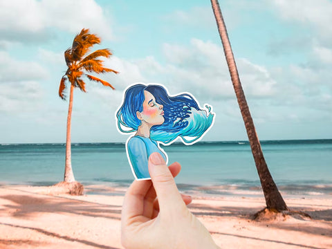 Ocean wave girl sticker for your water bottle, laptop, car sticker, journal, window, or other smooth surface.  Perfect for personalizing your belongings or gifting to a mermaid.