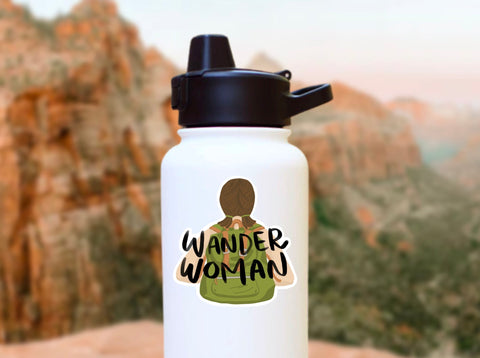 "Wander Woman" vinyl sticker for your camping coffee mug, water bottle, cooler. laptop, car window, or other smooth surface.