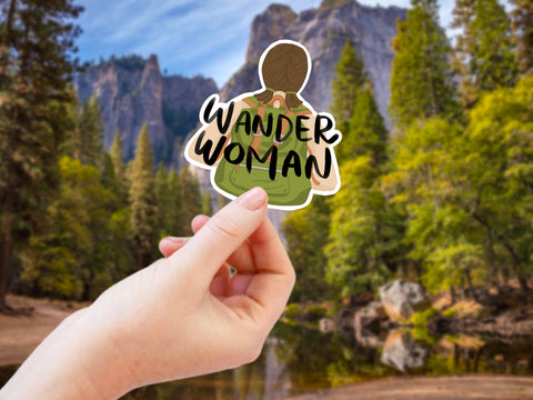 "Wander Woman" vinyl sticker for your camping coffee mug, water bottle, cooler. laptop, car window, or other smooth surface.
