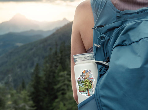 Woman backpacking vinyl sticker for your camping coffee mug, water bottle, cooler, Stanley tumblers, laptop, car window, or other smooth surface.