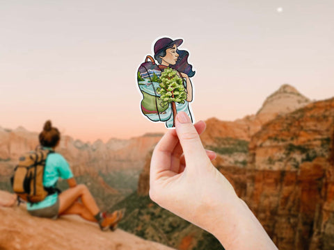 Woman backpacking vinyl sticker for your camping coffee mug, water bottle, cooler, Stanley tumblers, laptop, car window, or other smooth surface.