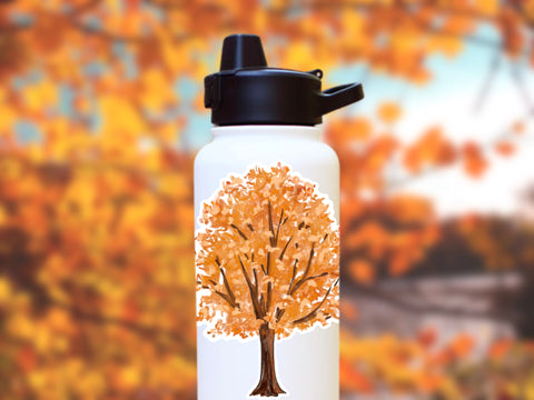 image shows a water bottle with a Extra Tall Maple Tree Vinyl Sticker on it.