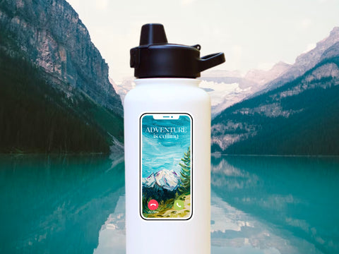 "Adventure is Calling" nature vinyl sticker for your water bottle, laptop, car sticker, journal, window, or other smooth surface.  Perfect for personalizing your belongings or as a gift for someone who loves traveling, camping, or hiking in the mountains.