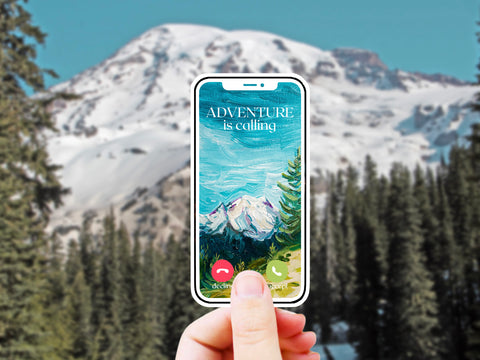"Adventure is Calling" nature vinyl sticker for your water bottle, laptop, car sticker, journal, window, or other smooth surface.  Perfect for personalizing your belongings or as a gift for someone who loves traveling, camping, or hiking in the mountains.