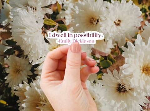 "I dwell in possibility" Emily Dickinson vinyl sticker for your water bottle, laptop, car sticker, journal, window, or other smooth surface.  Perfect for personalizing your belongings with a cottagecore aesthetic or as a gift for someone who loves poetry.