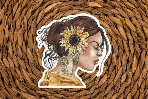 Sunflower girl sticker for your water bottle, laptop, car sticker, journal, window, or other smooth surface. Personalize your belongings with this realistic botanical sticker, or give as a best friend gift to someone who loves sunflowers. Sunflower Sticker - Fall Harvest Flower Sticker for your Phone Case, Water Bottle, Journal, Botanical Realistic Art, Gift for Best Friend