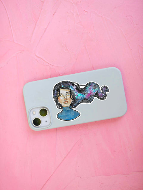 Galaxy girl sticker for your water bottle, laptop, car sticker, journal, window, or other smooth surface.  This celestial sticker is perfect for personalizing your belongings or as a best friend gift.