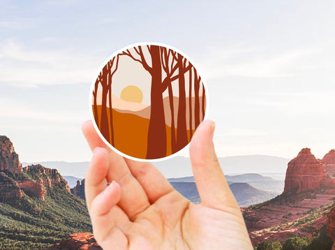 Autumn Fall Woodland Landscape Sticker - Vinyl Waterproof Terracotta Mountain Decal, Hiking Trail Gift, Outdoorsy Car Window Sticker