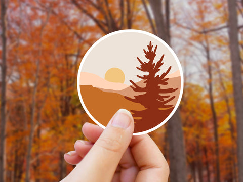 Autumn Leaves Mountain Sticker - Orange Circle Vinyl Waterproof Sticker, Hiking Trail Gear, Fall Party Decor, Water Bottle, Car Window Decal