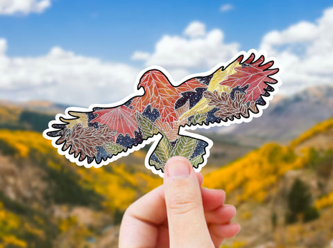 Autumn Leaves Bird sticker for your water bottle, coffee mug, tumbler, laptop, journal, window, or any other smooth surface.  Personalize your belongings with this raven decal or give as fall party favors!