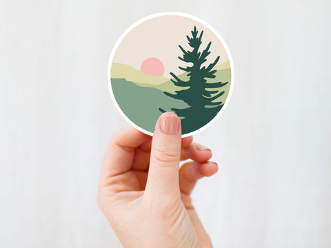 Forest Green Landscape Mountain Sticker - Vinyl Waterproof Water Bottle Sticker, Hiking Trail Gear, Woodlands Party Decor, Car Window Decal