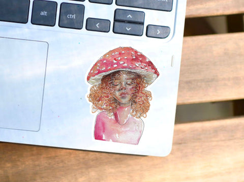 Mushroom girl sticker for your water bottle, laptop, car sticker, journal, window, or other smooth surface.  Perfect for personalizing your belongings or as a gift for someone who mushroom hunting & being outside.