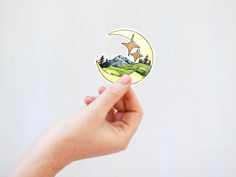 Moon sticker for your water bottle, laptop, car sticker, journal, window, or other smooth surface.  Perfect for personalizing your belongings or as a gift for someone who loves the night sky, the moon, and the mountains.