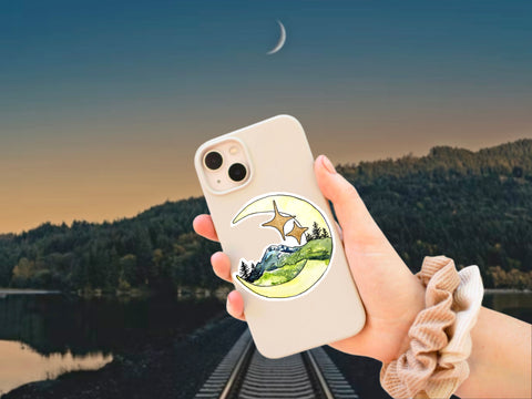 Moon sticker for your water bottle, laptop, car sticker, journal, window, or other smooth surface.  Perfect for personalizing your belongings or as a gift for someone who loves the night sky, the moon, and the mountains.