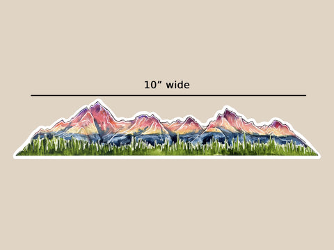 Image shows an extra large, 10" vinyl sticker that portrays the beautiful Grand Teton Mountains in wyoming. The design is hand painted watercolor. Waterproof, scratch and weather-resistant, you can put these stickers on all of your outdoor gear like your favorite tumbler or water bottle, no matter what the size!
