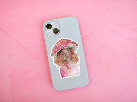 Mushroom girl sticker for your water bottle, laptop, car sticker, journal, window, or other smooth surface.  Perfect for personalizing your belongings or as a gift for someone who mushroom hunting & being outside.