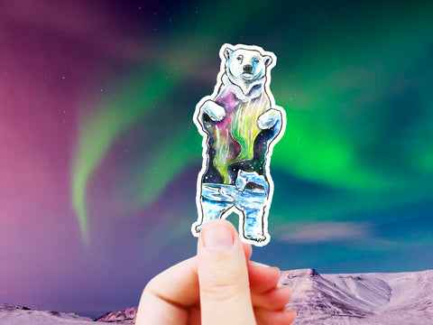 Northern lights polar bear sticker for your water bottle, laptop, car sticker, journal, window, or other smooth surface.  Perfect for personalizing your belongings or gifting to remember seeing the aurora borealis.