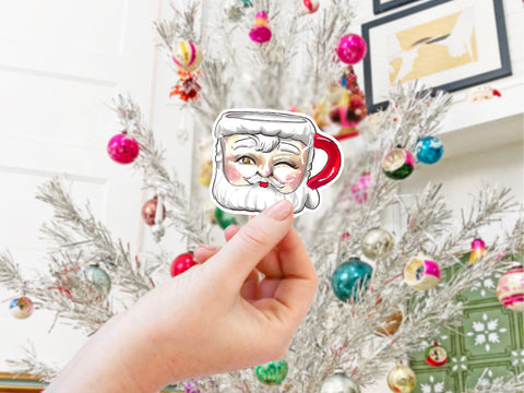 Vintage santa mug sticker for your Christmas planner, water bottle, laptop, car sticker, journal, window, or other smooth surface.  Perfect for personalizing your belongings with some extra holiday cheer!