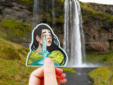 Waterfall girl sticker for your water bottle, laptop, car sticker, journal, window, or other smooth surface.  Perfect for personalizing your belongings or gifting to honor a memory or the love of the forest.