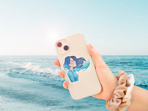 Ocean wave girl sticker for your water bottle, laptop, car sticker, journal, window, or other smooth surface.  Perfect for personalizing your belongings or gifting to a mermaid.