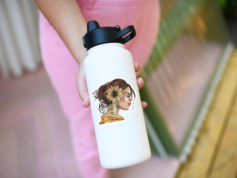 Sunflower girl sticker for your water bottle, laptop, car sticker, journal, window, or other smooth surface.  Personalize your belongings with this realistic botanical sticker, or give as a best friend gift to someone who loves sunflowers.